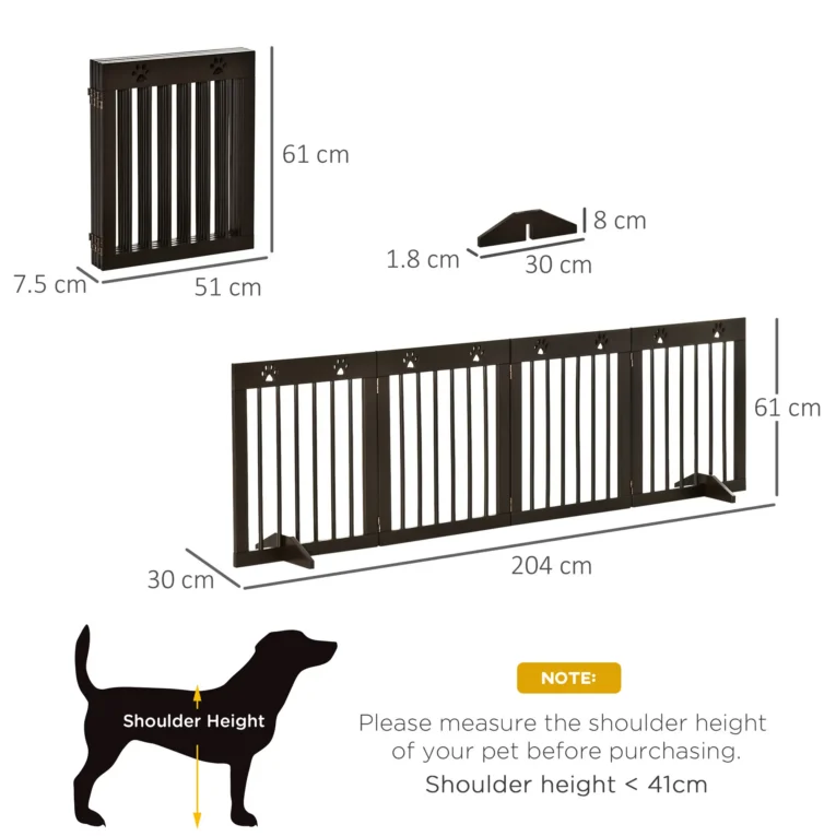 Four-Panel Freestanding Pine Dog Gate with Feet – Brown, 204cm