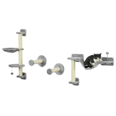 Four-Piece Cat Wall Set with Hammock and Ladder – Grey