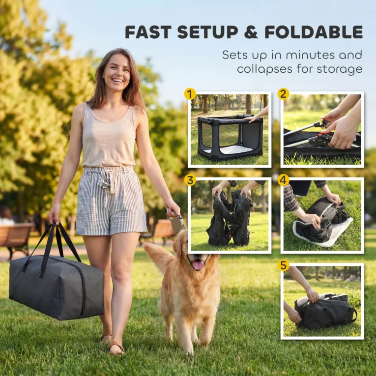 Large Folding Fabric Dog Crate with Cushion – Army Green, 90cm