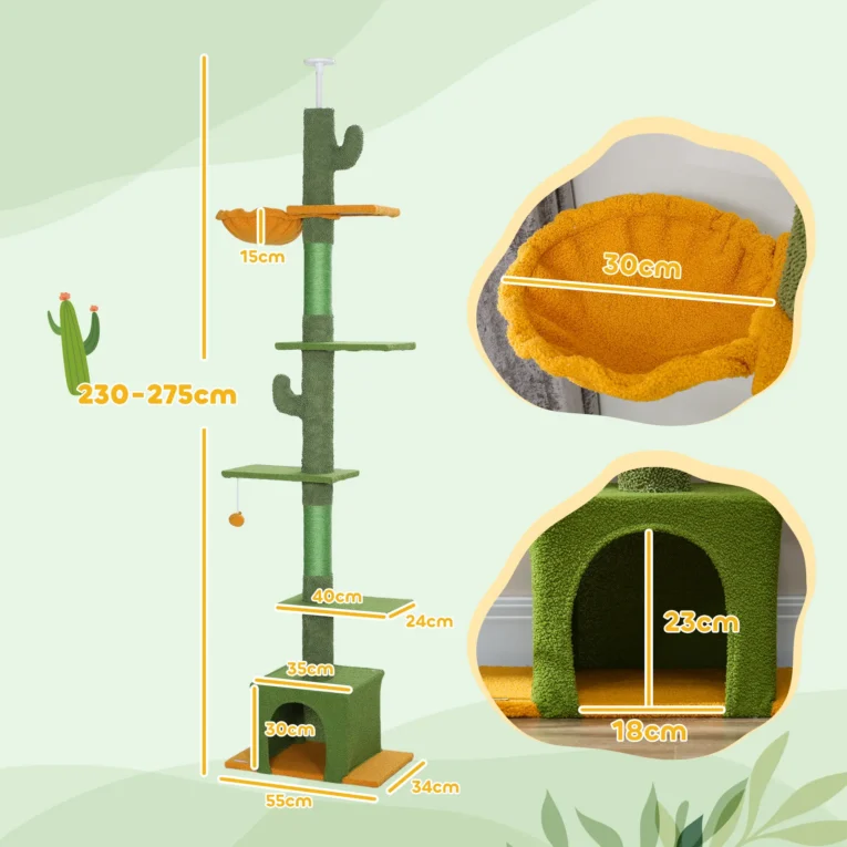 Adjustable Floor-to-Ceiling Cat Tower with Den – Green, 230–275cm