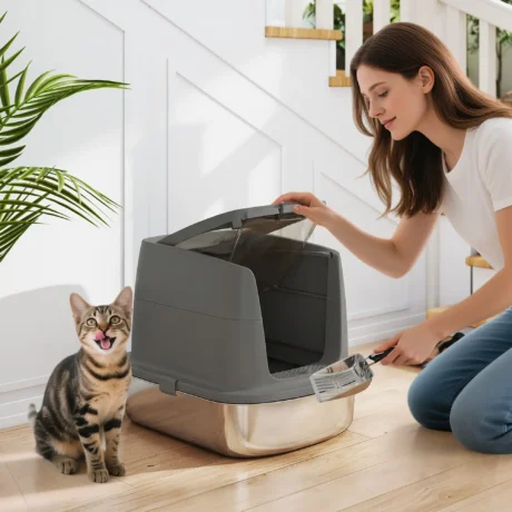 Covered Steel Cat Litter Box with Top Exit – Dark Grey, 52cm