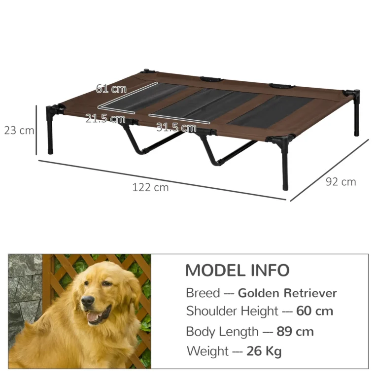 Large Raised Mesh Dog Bed with Carry Bag – Brown, 122cm