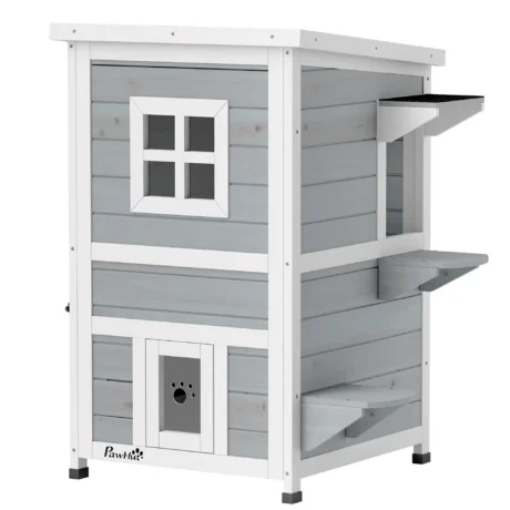 Two-Level Wooden Cat House with Opening Roof – Grey