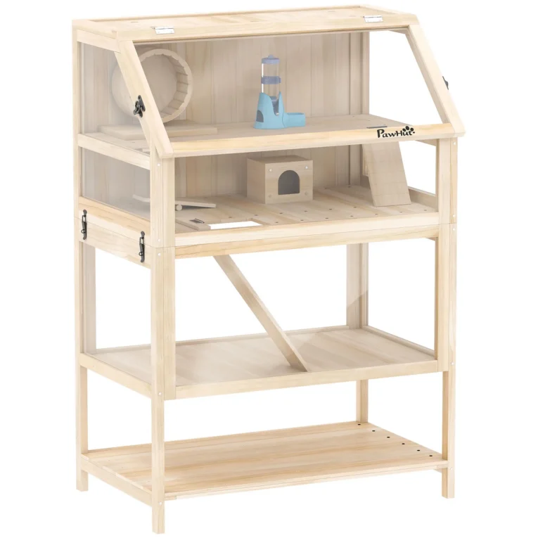 Wooden Hamster Habitat with Storage Shelf – Natural, 117cm High Wooden Hamster Habitat with Storage Shelf – Natural, 117cm High