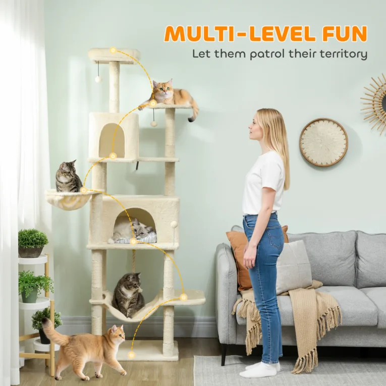 Tall Cat Tower with Two Dens and Hammocks – Beige, 202cm