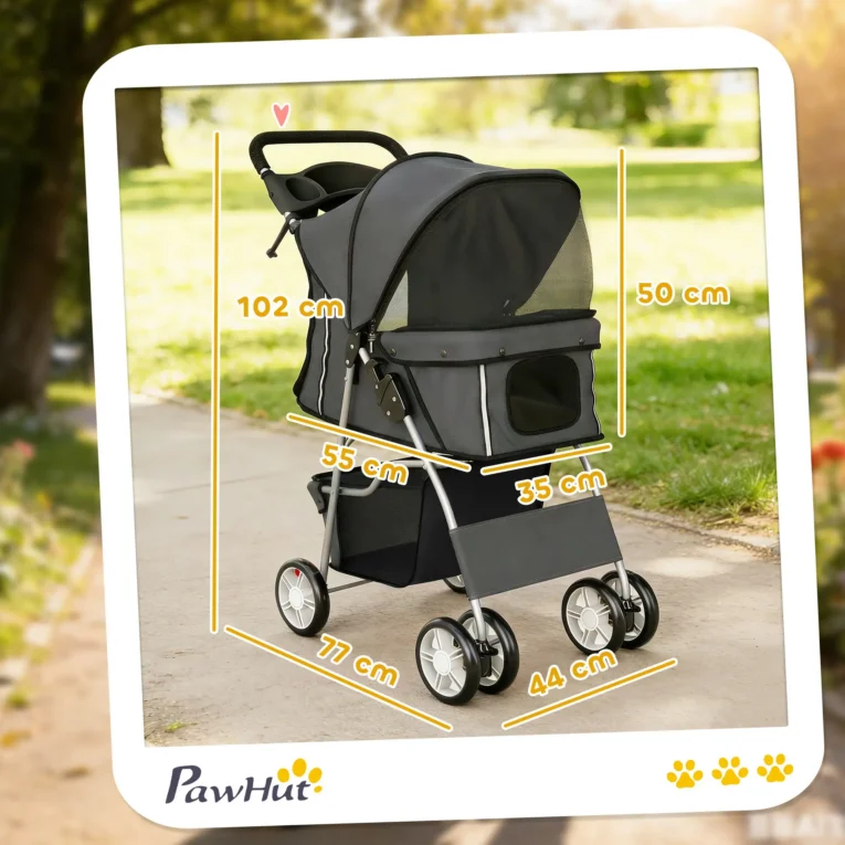 Pet Stroller Foldable with Swivel Wheels – Dark Grey