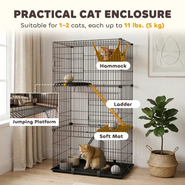 Tall Indoor Cat Enclosure with Hammock and Platforms – Black