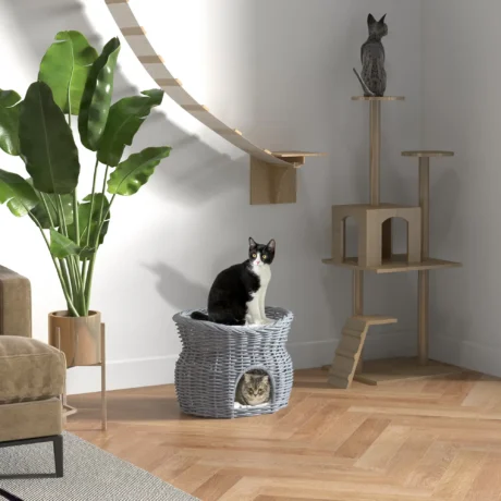 Two-Level Wicker Cat Bed with Cushions – Grey, 56cm