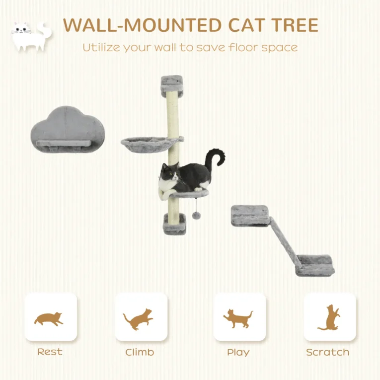 Wall-Mounted Cat Shelf Set with Hammock and Ladder – Grey