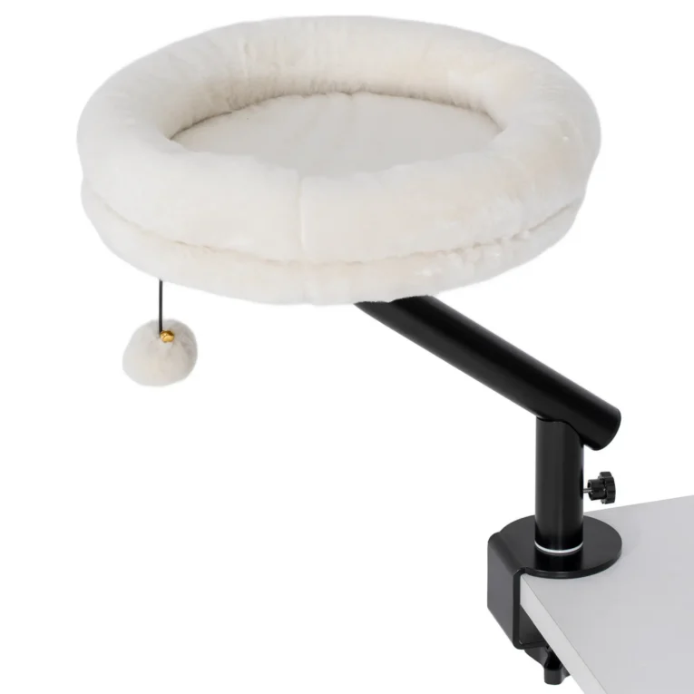 Clamp-On Rotating Cat Desk Bed with Washable Cushion – Cream White