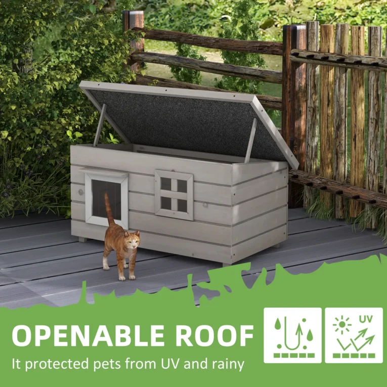 Raised Wooden Outdoor Cat Shelter with Opening Roof – Grey