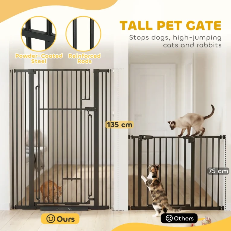 135cm Tall Steel Dog Gate with Cat Door and Extensions – Black