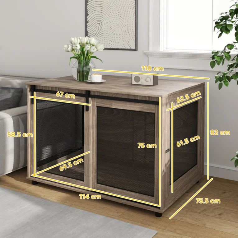 Two-Door Dog Crate Side Table – Walnut Brown, 118cm