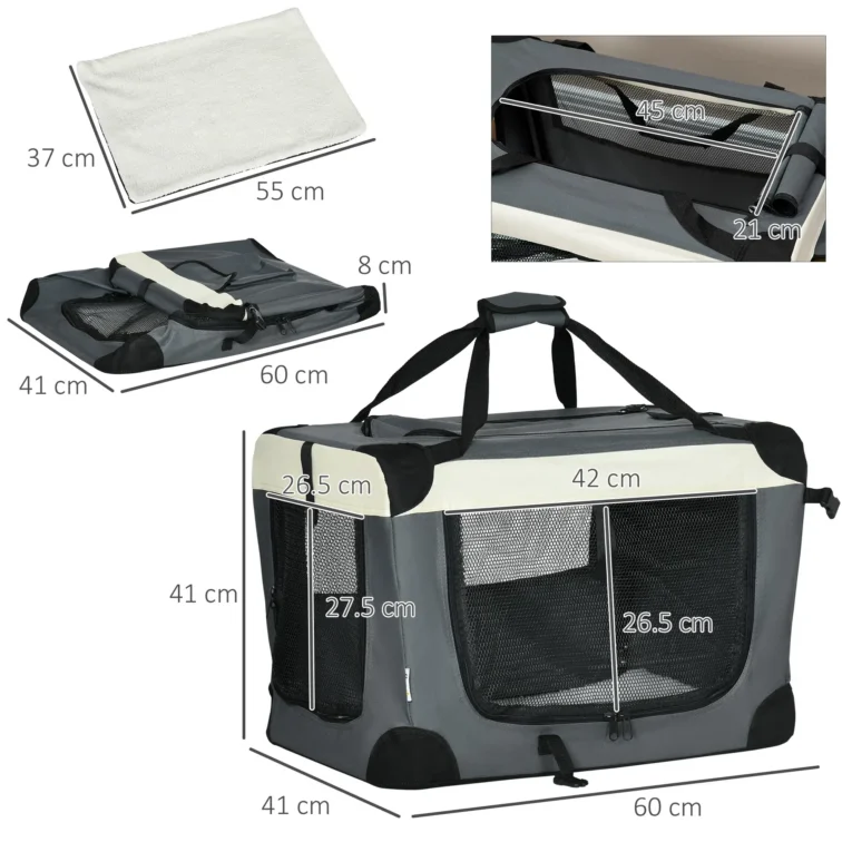 Folding Fabric Pet Carrier – Grey, 60 × 41 × 41cm