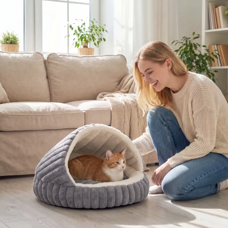 Soft Cat Cave with Washable Cushion – Grey, 50cm