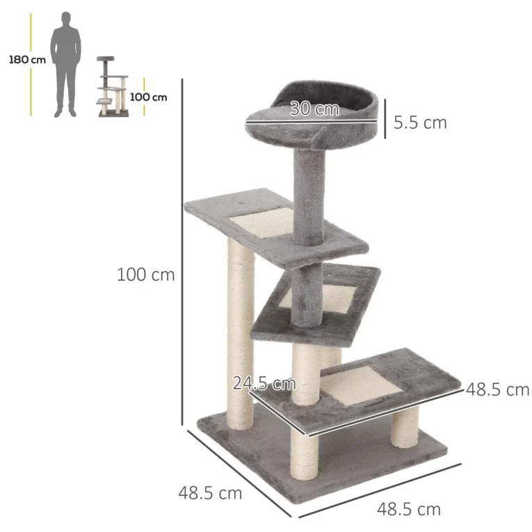 100cm Cat Tree with Three Perches and Sisal Posts – Grey and Beige 100cm Cat Tree with Three Perches and Sisal Posts – Grey and Beige