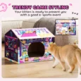 Gaming-Style Cardboard Cat Hideaway with Scratching Base – Pink