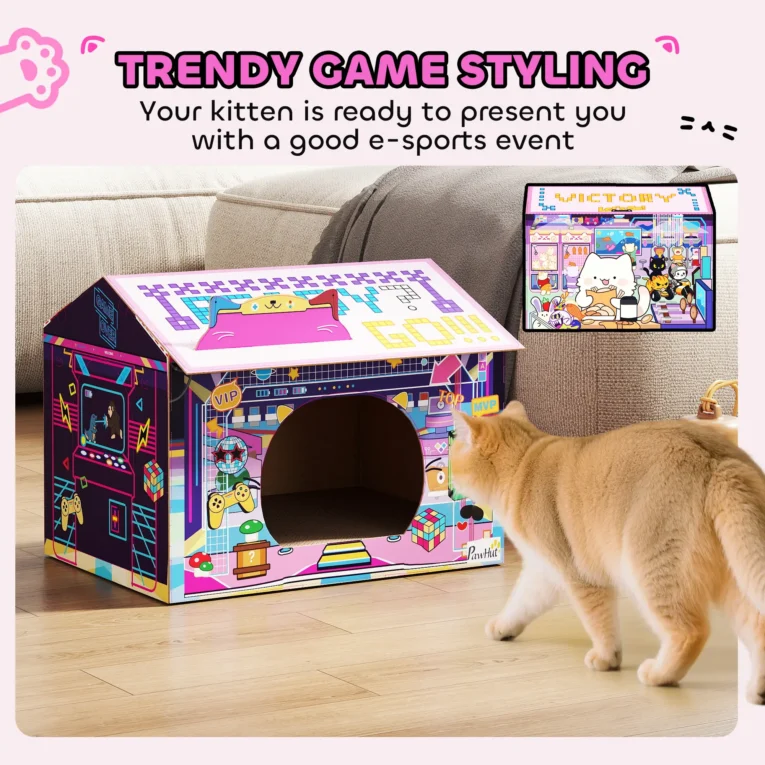 Gaming-Style Cardboard Cat Hideaway with Scratching Base – Pink Gaming-Style Cardboard Cat Hideaway with Scratching Base – Pink