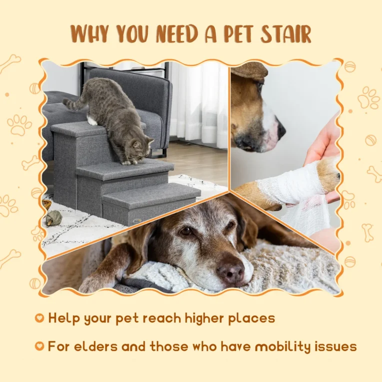 Three-Step Cat Stairs with Hidden Storage – Light Grey