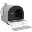 Hooded Cat Litter Box with Flap and Scoop – Light Grey