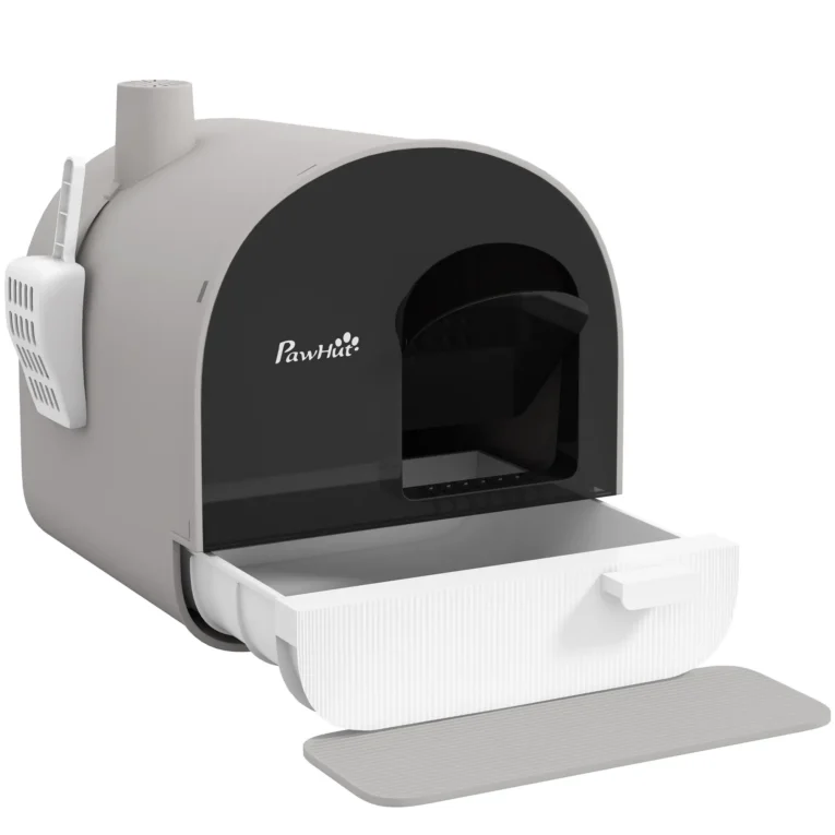 Hooded Cat Litter Box with Flap and Scoop – Light Grey