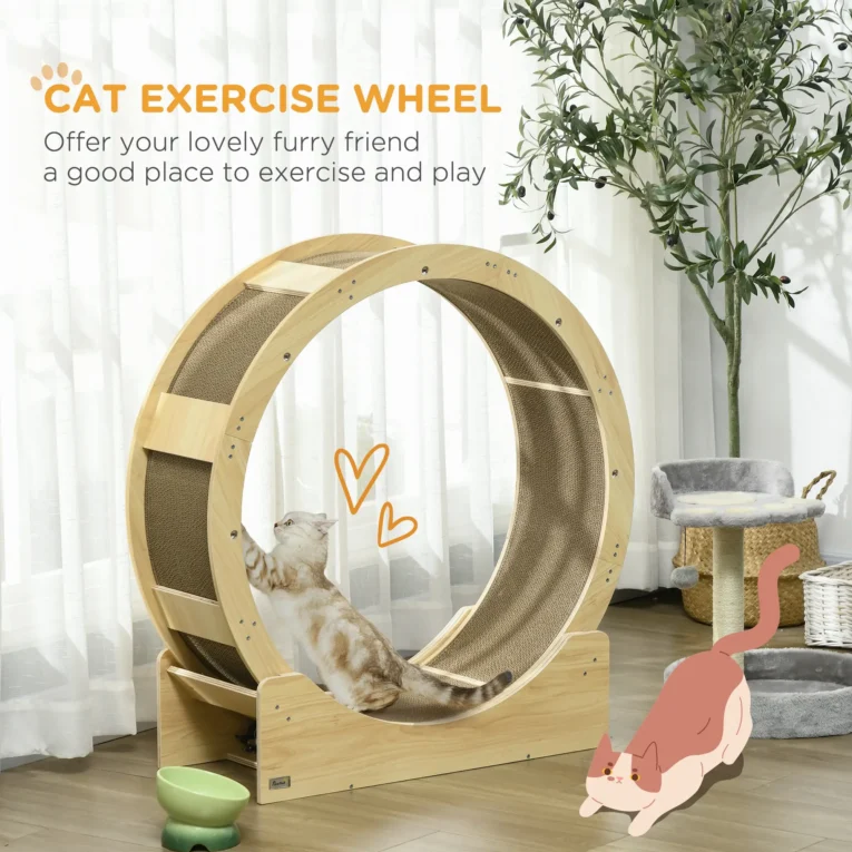 Cat Exercise Wheel with Brake and Replaceable Scratching Pad – Oak Tone