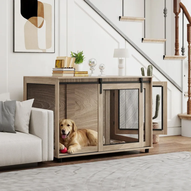 Two-Door Dog Crate Side Table – Walnut Brown, 118cm