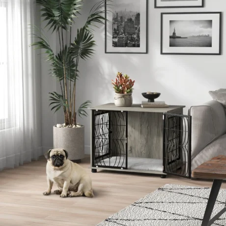 Medium Dog Crate Side Table with Cushion – Grey Wood Effect, 80cm