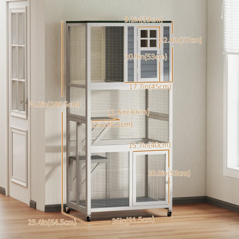 Tall Wheeled Cat Enclosure with Platforms – White and Grey