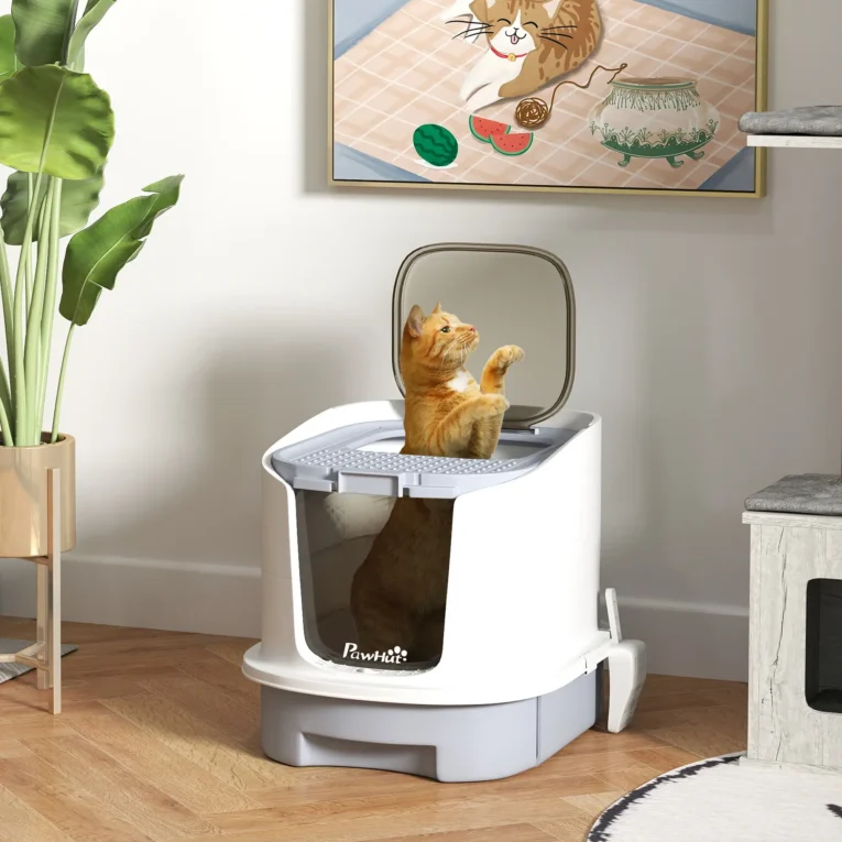 Enclosed Cat Litter Box with Drawer and Top Access – Grey, 52.5cm