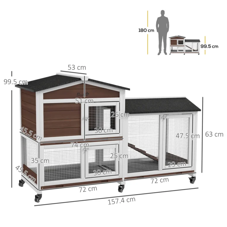 Two-Level Wooden Rabbit Hutch with Wheels and Run – Brown