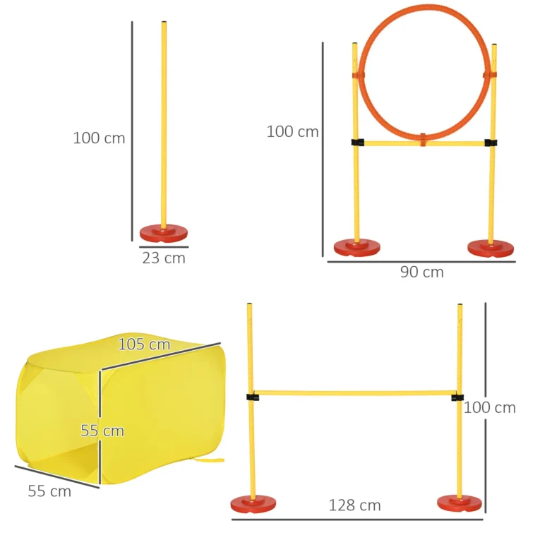 Dog Agility Course with Tunnel, Jump Ring and Weave Poles – Yellow