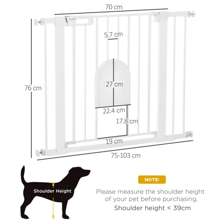 Dog Gate with Cat Flap and Two Extensions – White, 75–103cm Dog Gate with Cat Flap and Two Extensions – White, 75–103cm