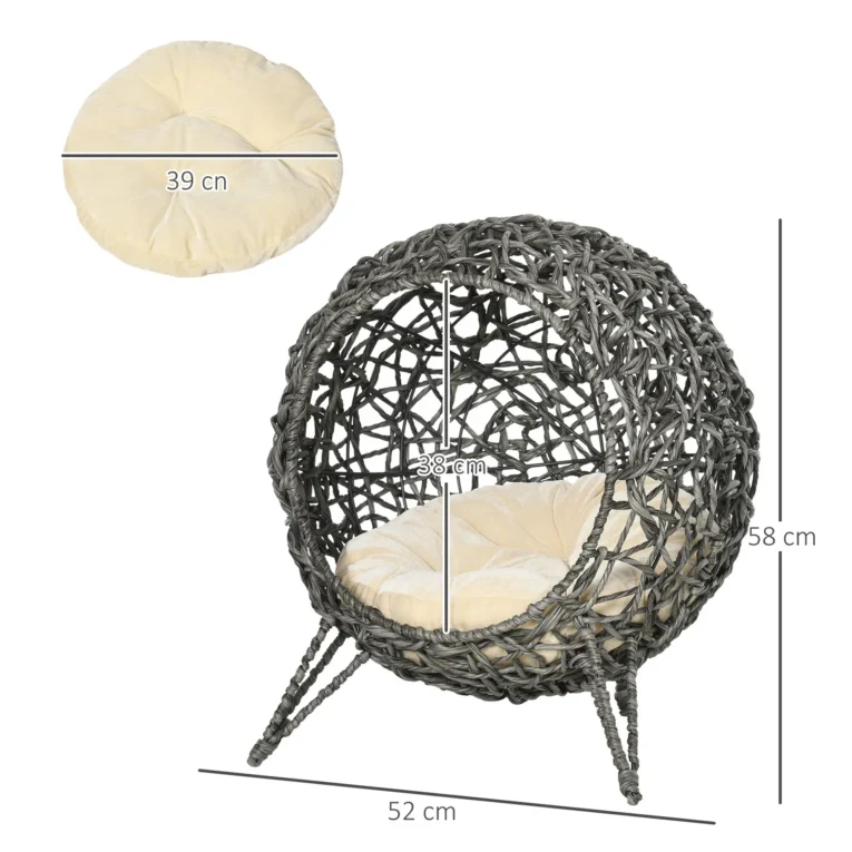Raised Rattan-Style Cat Pod with Cushion – Silver and Grey