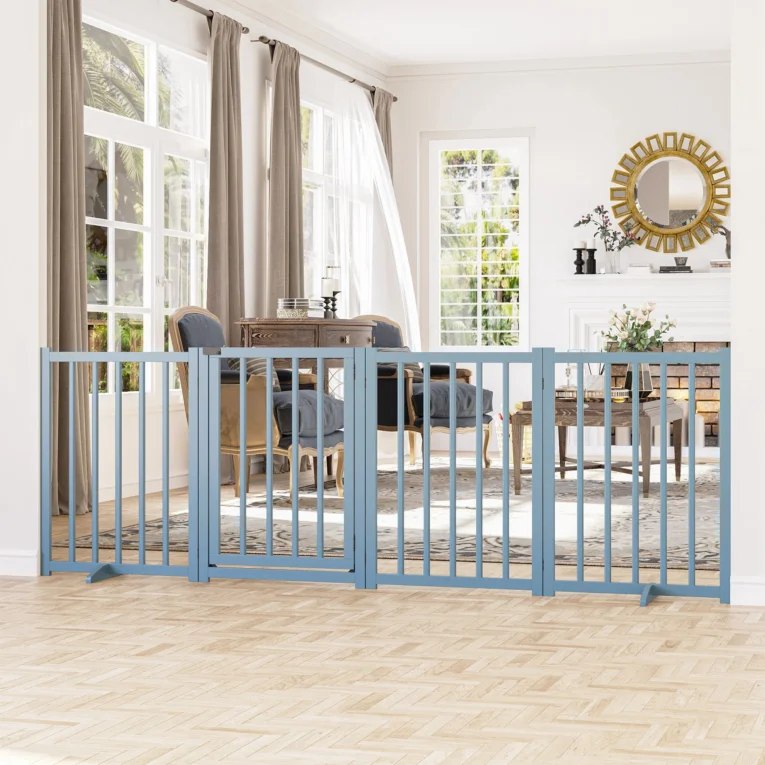 Four-Panel Freestanding Wooden Pet Gate – Blue, 80cm