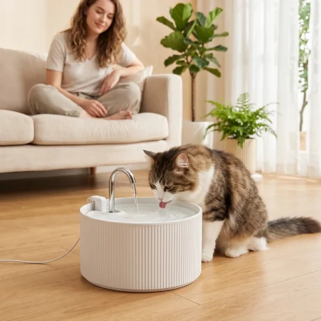 Ceramic Cat Drinking Fountain with Filter – White, 2.2L