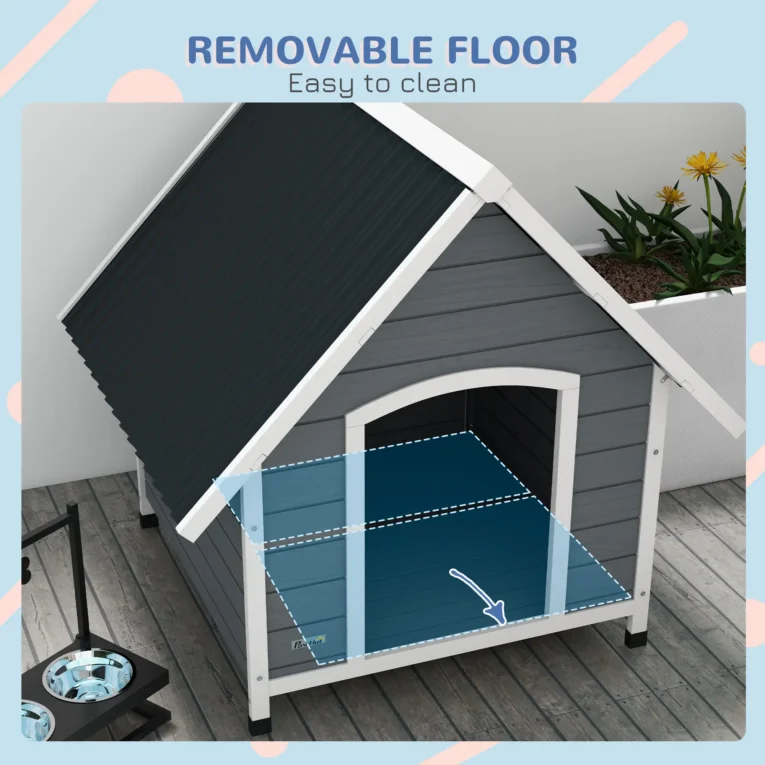 Wooden Dog Kennel with Removable Floor for Large Dogs, 106.5H x 110W x 98D cm – Grey and black