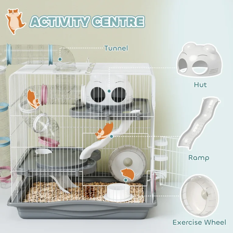 Three-Level Small-Pet Cage with Bottle and Dish – Grey, 45cm