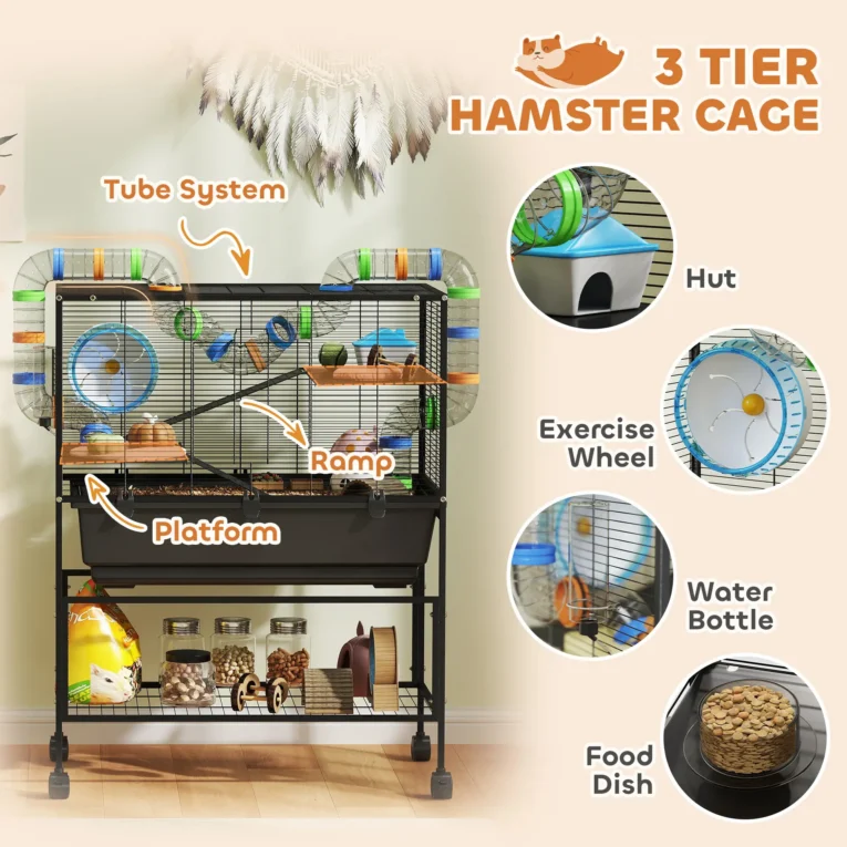 Three-Level Small-Animal Cage with Storage Shelf – Black, 106.5cm High