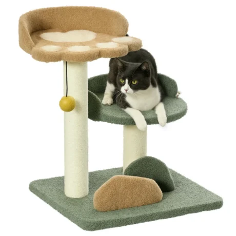 Compact Two-Bed Cat Tree – Green, Brown and Beige