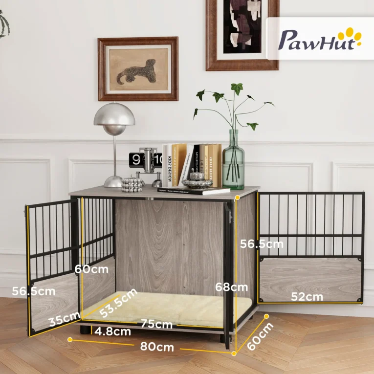 Three-Door Furniture Dog Crate with Cushion – Walnut, 80cm