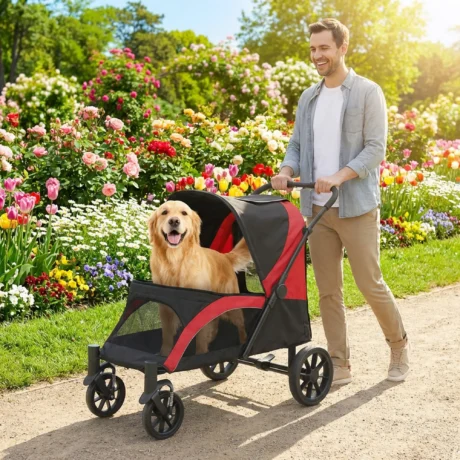 Large Four-Wheel Dog Stroller with Cushion &ndash; Red and Black, 30kg &ndash; detail 2