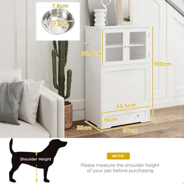 Tall Pet Feeding Cabinet with Hidden Bowls – White, 100cm