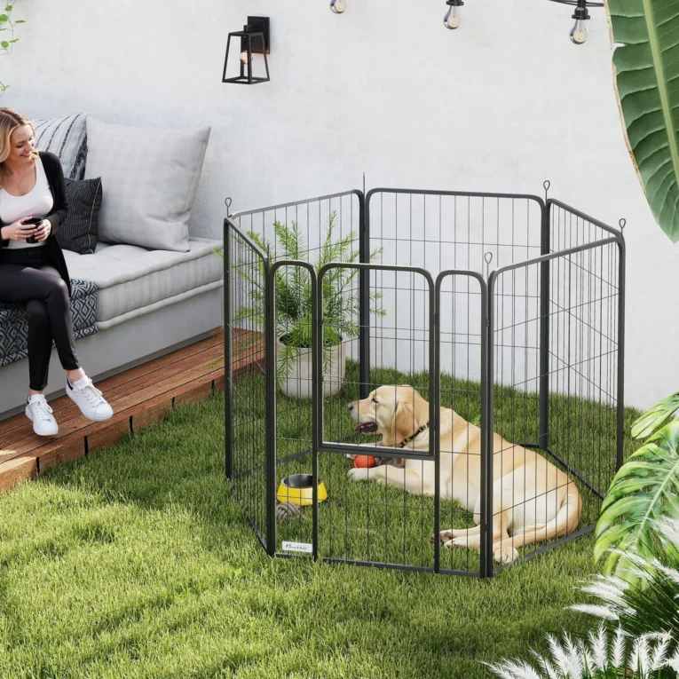 Six-Panel Steel Dog Playpen with Gate – Black, 100 × 68cm Panels