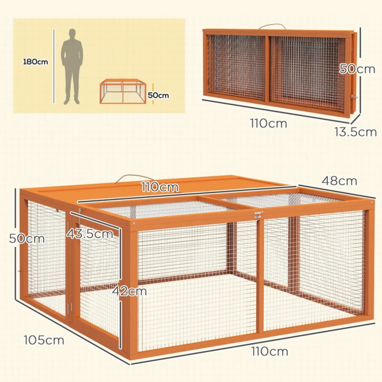 Folding Wooden Small Animal Run with Opening Top – Orange, 110cm