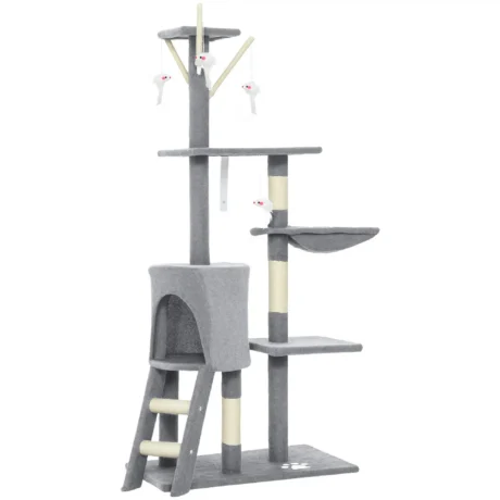 Multi-Level Cat Tower with Hammock and Ladder – Grey, 134cm