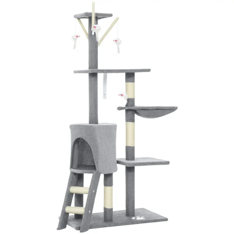 Multi-Level Cat Tower with Hammock and Ladder – Grey, 134cm Multi-Level Cat Tower with Hammock and Ladder – Grey, 134cm
