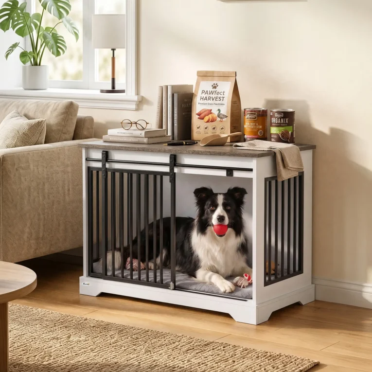 Dog Crate Side Table with Sliding Barn Door – White, 80cm