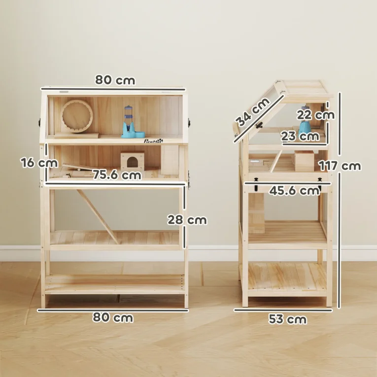 Wooden Hamster Habitat with Storage Shelf – Natural, 117cm High Wooden Hamster Habitat with Storage Shelf – Natural, 117cm High