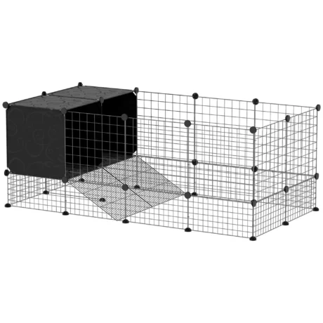 Modular Small-Animal Enclosure with Raised Huts &ndash; Black, 31 Panels